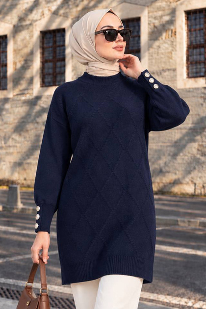 Düğme Detaylı Lacivert Tesettür Triko Tunik 10941L