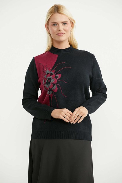 Round Neck Embroidered Knit Sweater - Black