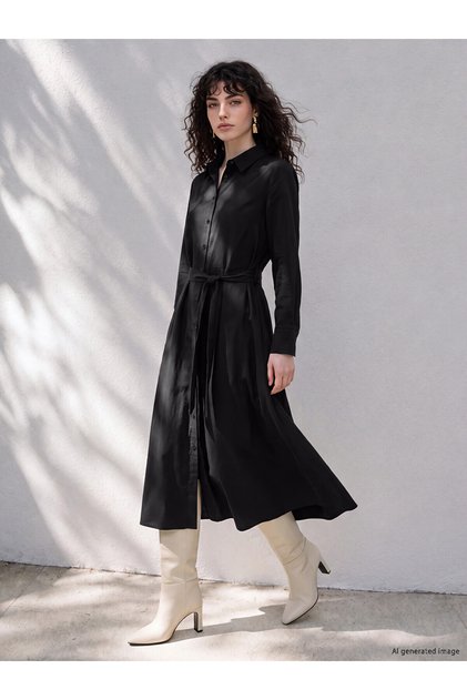 Two Mt Shop Quality Lcw Petite Black Plain Loose & Baggy Shirt Collar Shirt Dress