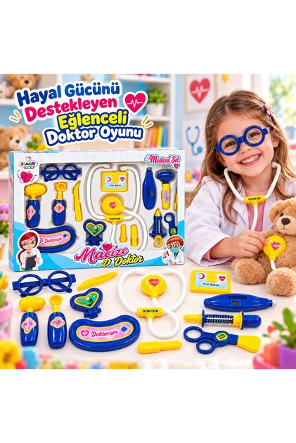 Oyuncak Doktor Seti Stetoskop Termometre Şırınga Makas Gözlük ve Muayene Aletleri 3+ Yaş