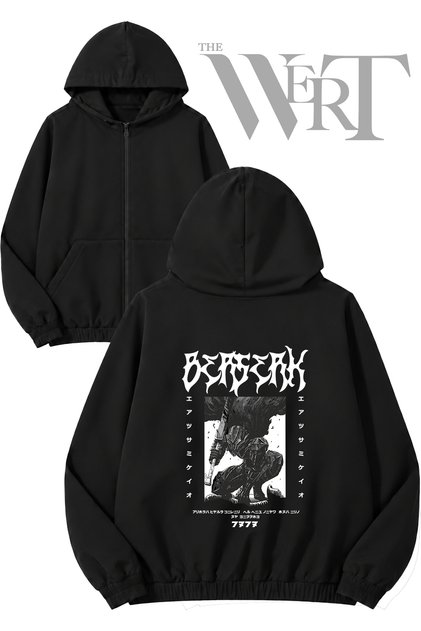 Berserk Anime Back Printed Zippered Hooded Black Cardigan (2 Yarns)
