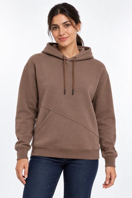 Soft Puff Fabric Women's Brown Sweatshirt with Side Pockets
