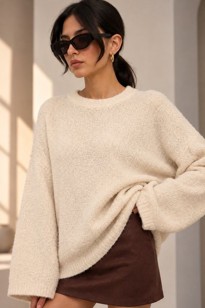 Women's Beige Crew Neck Oversize Boucle Knitwear Sweater