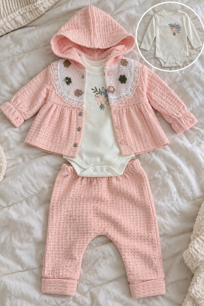 Baby Girl Set Floral Patterned Hooded 3-Piece Set Long Sleeve Bodysuit - Cardigan - Pants