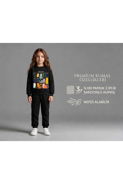 Girl's Colorful Cat Printed Crew Neck Long Sleeve Sweatshirt
