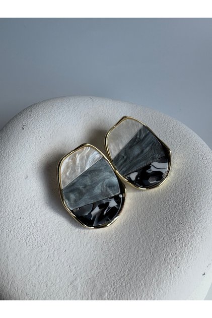 Gold Color Gray Enamel Earrings (3.8 cm)
