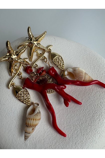 Gold Color Sea Star Red Coral Earrings (8 cm)