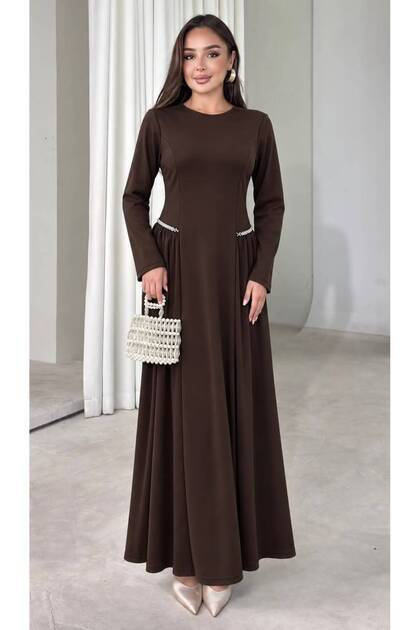 Women's Crepe Fabric Brown Crew Neck Waist Stone Detail Long Sleeve Maxi Length Evening Dress