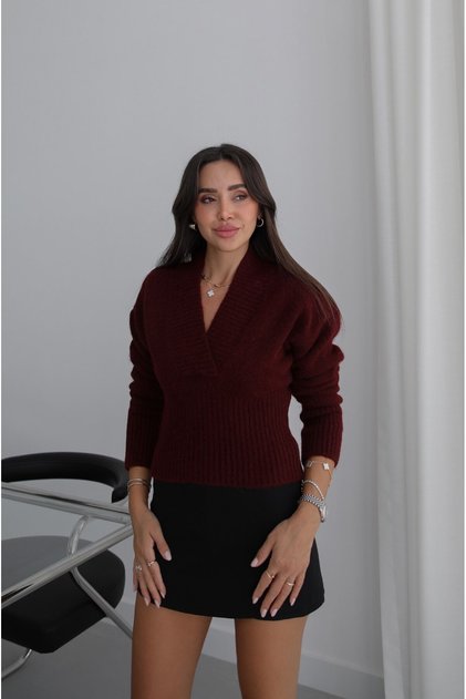 Burgundy V-Neck Ribbed Corduroy Sweater