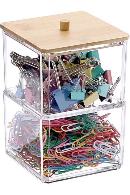 Clear Stackable Paper Clip Holder with Bamboo Lid,2-Layer Square Desk Organizer for Office and Bathroom