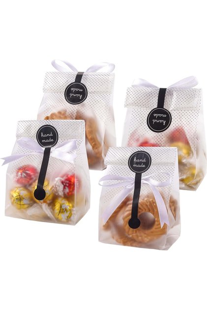 Cookie Bags,100 Pack Black Dot Clear Transparent Treat Bags with Stickers and Ribbon,Gift Favor Bags for Mini Loaf and Cakes