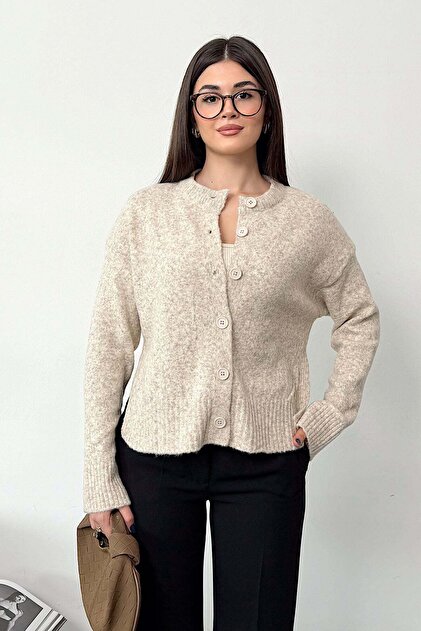 Women's Crew Neck Buttoned Side Slit Cardigan Cream - 27K 2286