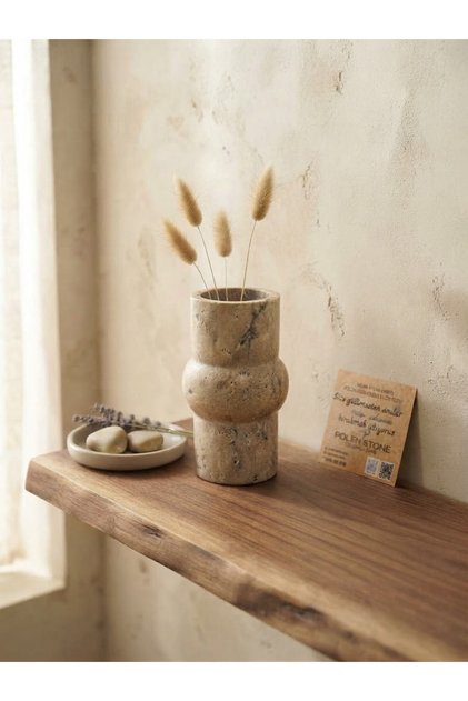 Doğal Taş Traverten Dekoratif Vazo 6,5x13 cm - El Yapımı Luxury Tasarım