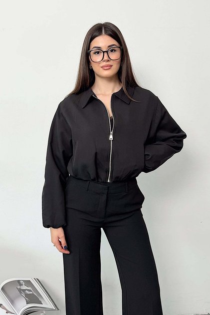 Women's Shirt Collar Zippered Double Pocket Jacket Black - 27K 506