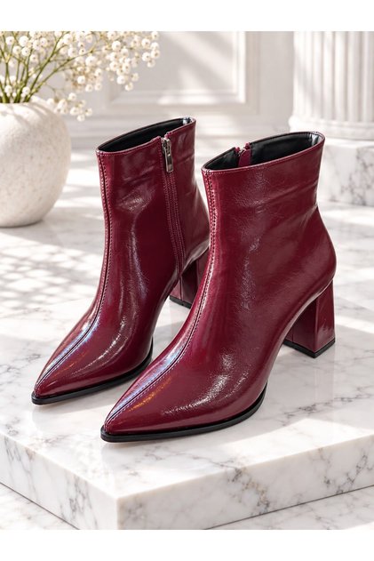 Yona Women's Burgundy Wrinkled Patent Leather Pointed Toe Front Stitching Detailed Zipper Closure Warm Lining 7 cm Thick t