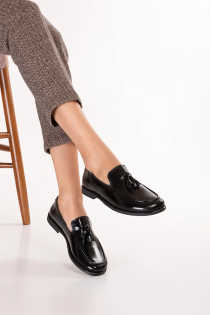 Women's Black Genuine Leather Loafer Shoes with Metal Accessories Hl.33300 Black Patent Leather