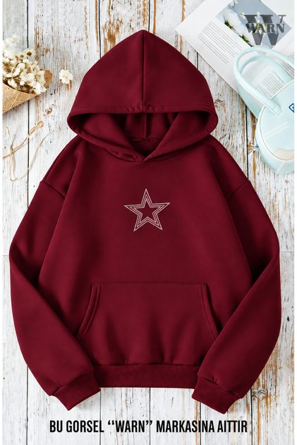 Burgundy Star Stone Printed 3 Thread Hooded Sweatshirt Oversize Winter 100% Cotton