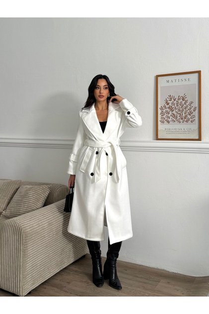 Buttoned Belted Lined Long Cashmere Coat