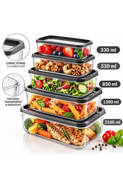 Set de 5 recipiente pentru alimente, 330/530/850/1300/2100 ml, recipiente transparente cu capace antracit, 0% BPA, depozitare și organizare în bucătărie