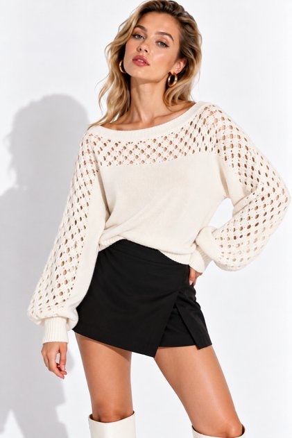 Women's Ecru Braided Openwork Boat Neck Knitwear Sweater