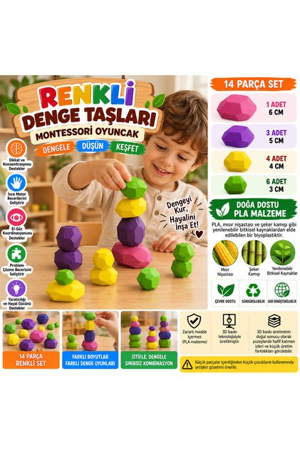Renkli Denge Taşları 14 Parça Denge Oyunu Eğitici Oyuncak Montessori Çocuk Zeka Oyunu