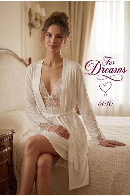Ecru Lace Detailed Combed Cotton Nightgown and Dressing Gown Set 5010