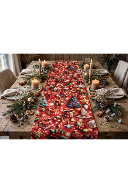 Yılbaşı Konseptli Runner 150*50 cm - Kırmızı Çam Ağacı ve Hediye Desenli Yıkanabilir Leke Tutmaz