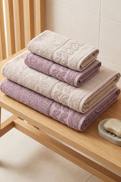 4-Piece Leaf Jacquard Bath Set | 2 Pieces of 70X140 cm Bath Towels, 2 Pieces of 50X90 Hand, Face, and Hair Towels | 100% Cotton