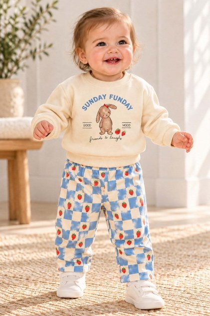 Girl baby rabbit printed sweatshirt strawberry checkered tracksuit 2-piece top and bottom set 9-24 months
