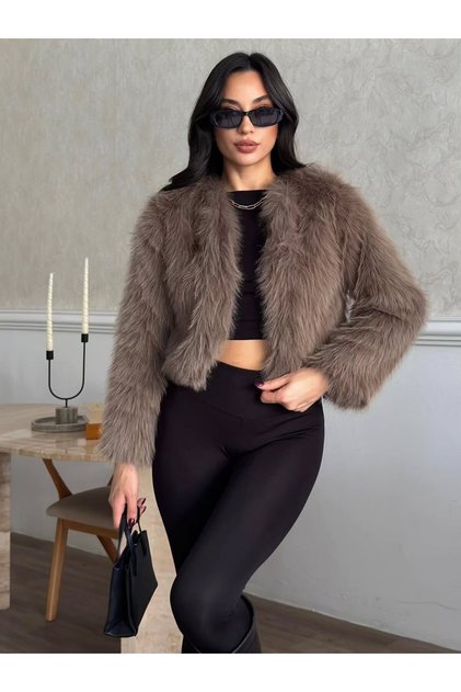KADIN YUVARLAK YAKA İÇİ ASTARLI CROP KISA KÜRK