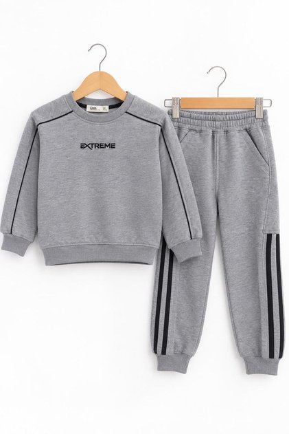 2-Piece Set 3 Threaded Yarns, Furry Inside, Printed Sweatpants, Sweatshirt, Children's Set, 1St Quality, for School and Casual Wear