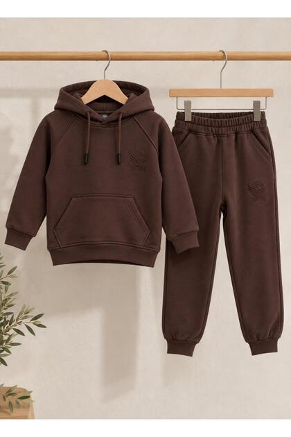 2-Piece Set 3 Threaded Yarns Hooded Sweatshirt with Fuzzy Inside Sweatpants Girls Boys Unisex Kids Set 1St Quality for School Casual Wear