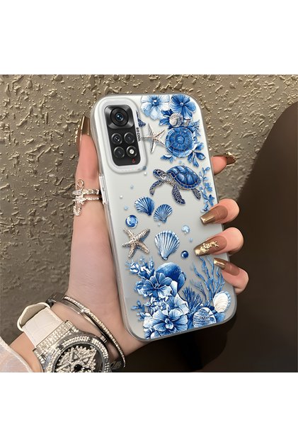 Redmi Note 11/Note 11S Compatible Blue Turtle, Shell and Coral Pattern Cover, Shock-Absorbing Structure