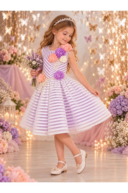 Floral Applique Lace Detailed Pearl Embroidered Puffy Skirted Crowned Girls Dress