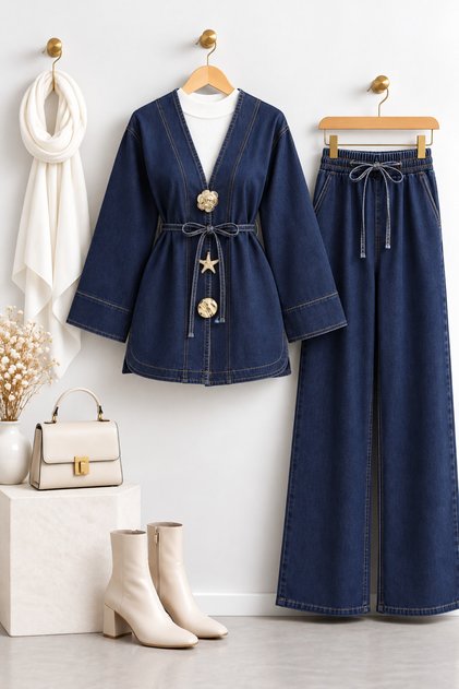 Broş Detaylı Kemerli Kot Yırtmaçlı Düz Kesim Tesettür Kimono Takım - K.Laci