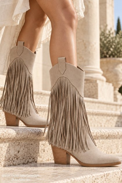 Wi̇llow Tasseled Thick Heeled Women's Cowboy Boots