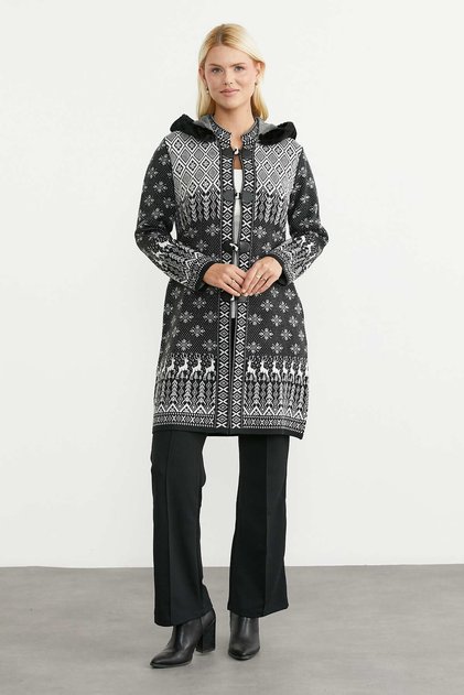 Ethnic Patterned Faux Fur Detailed Long Knitwear Cardigan - Black