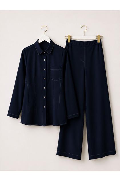 Pants Suit with Stitching Detail - Navy Blue