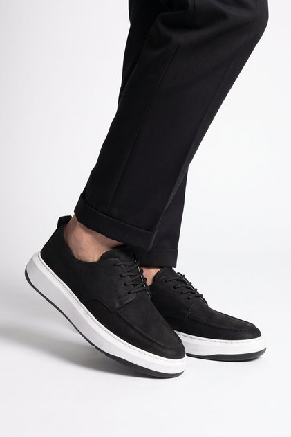 Black Nubuck-White Genuine Leather Lace-Up Thick Comfortable Sole Men's Casual Shoes 272301