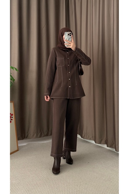 Pants Suit with Stitching Detail - Bitter Brown