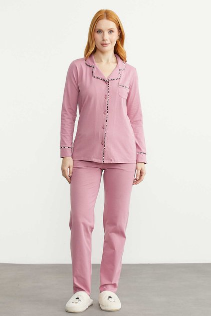 Shirt Model Pajama Set with Piping Detail - Rose