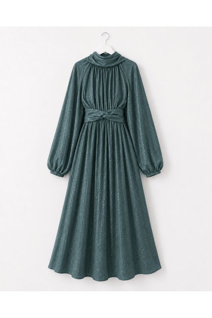 Shimmering Belted Dress - 5169 - Petrol Green