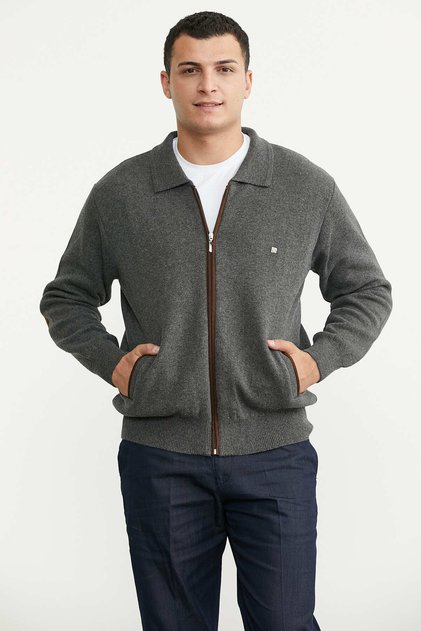 Shirt Collar Zippered Wool Knitwear Coat - Dark Gray - Black