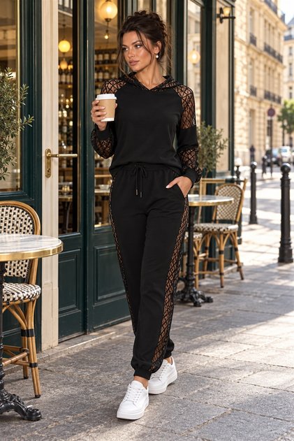 Women's Hooded Long Sleeve Lace Detailed Viscose Two Yarn Blouse and Trousers Two Piece Set Casual Comfortable Stylish Sports Set