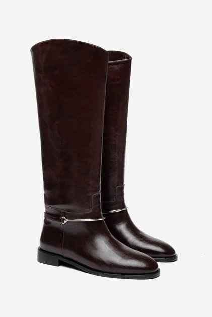 Women's Burgundy Buckle Riding Boots – Below the Knee Flat Sole Long Boots