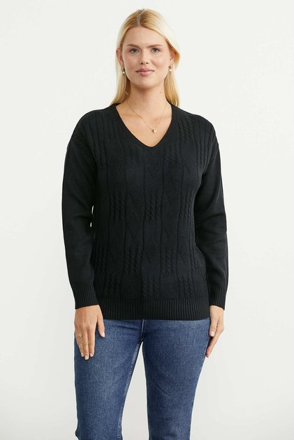 V-Neck Motif Knitwear Sweater - Black