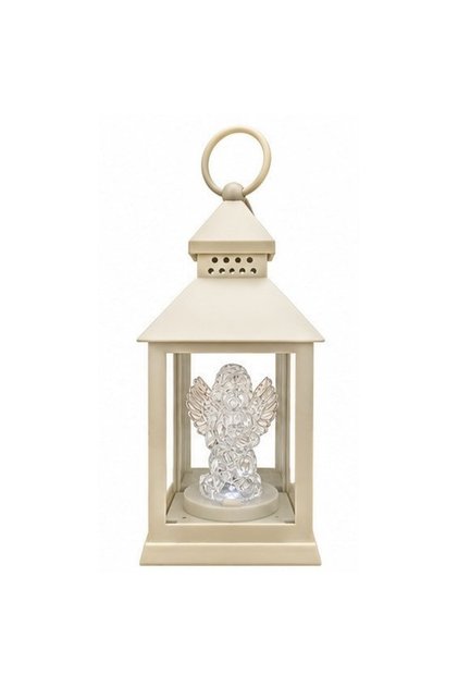 Felinar decorativ din plastic alb cu înger LED, cu mâner de agățat, pentru utilizare în interior și exterior.