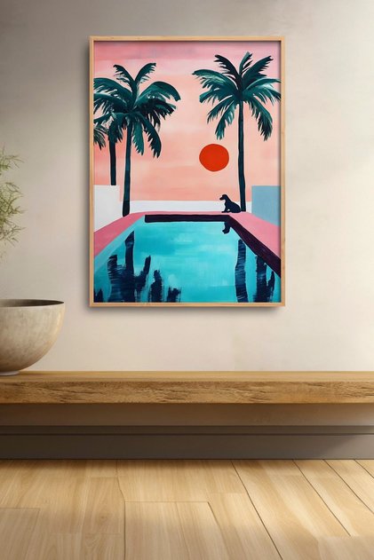 Palms and Black Cat by the Pool Framed Painting Cat Poster Modern Wall Decor Kedi17