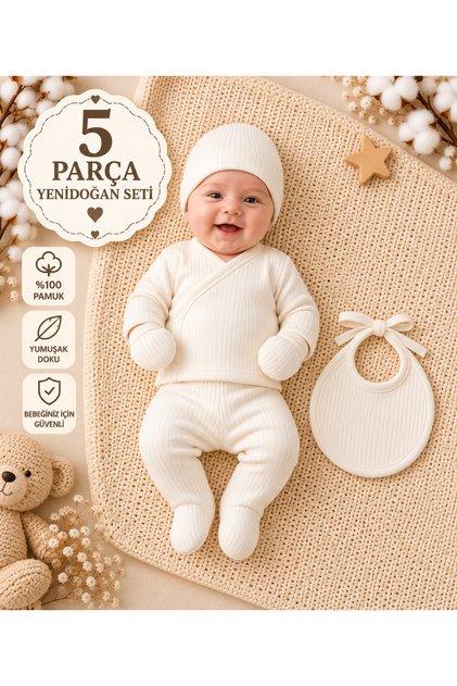 5 Piece Newborn Hospital Discharge Set 100% Cotton Ribbed Fabric Ecru Baby Bodysuit Pants Hat Bib Gloves Set
