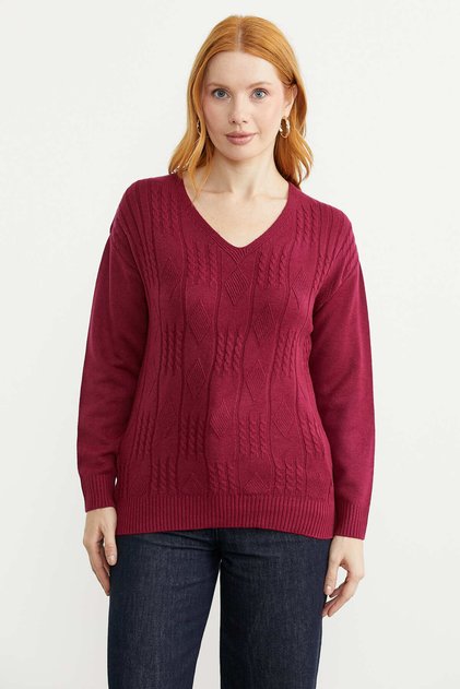 V-Neck Motif Knit Sweater - Burgundy